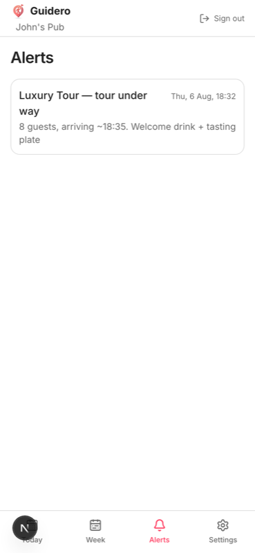 A venue's arrival alert in the Guidero portal